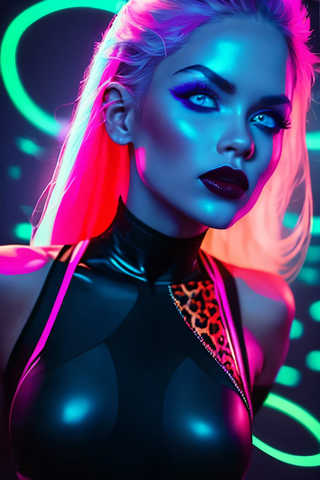 beautiful cyberpunk girl with Nordic features, upturned nose, blue eyes, red lipstick, leopard print T-shirt with wide neckline and transparent parts, chains, spike, fishnet leggings revealing a pink leopard print thong, eyes looking up, top view. (((dark ambient, colorful lights, neon colors))). 