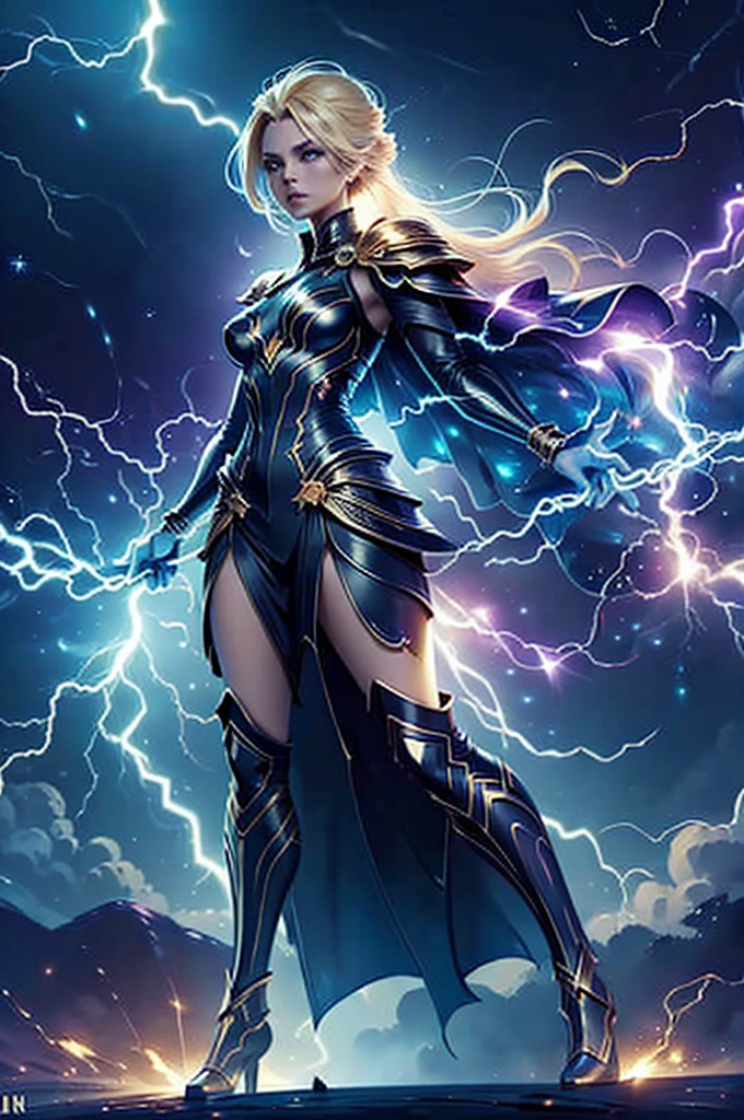 1 beautiful woman "Charlize Theron"，(Caucasian skin)， fire storm, Lightning in the hand, a skirt,glowing light eyes，light in eyes,Magic Circle, Exaggerated energy, lightning, fantasy concept art, Surrealist, by Walter Crane, (best quality, masterpiece, Representative work, official art, Professional, Ultra intricate detailed, 8k:1.3),Amidst the vast expanse of the cosmos, a captivating sight emerged. Behold, the enchanting image of a Yellow-haired Alien Princess, her radiant mane cascading down like sunrays, as she stood in the heart of an ethereal meadow. Her ethereal gown shimmered with hues of gold and amber, gracefully billowing in the gentle galactic breeze, revealing her lithe form. In her hand, she cradled a scepter, its tip crackling with the raw power of electricity. As her violet eyes flashed, displaying the intensity of her lightning abilities, her visage radiated strength, Amidst the twinkling stars of an unknown galaxy, an armored alien princess with short yellow hair and electrifying powers stood on the edge of a crater. Her armor shimmered under the celestial light, reflecting a spectrum of colors that filled the nightsky with an ethereal glow. Her eyes flashed menacingly as bolts of lightning danced around her fingers. She clenched her fists, readying herself for battle. Her posture was regal, her expression determined. The crackling electricity in the air seemed to respond to her every command. A sense of awe-inspiring power emanated from her every move. Her hair danced wildly around her. Laughing maniacally at the viewer as she attacks.,Lux from the game League of legends as a super powerful
