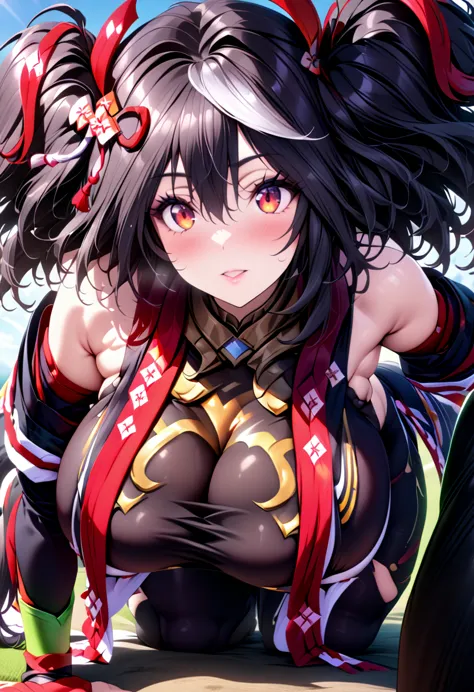 ((((kitasan black))))、(uma musume),((super huge huge chests)),(blue sky)、(turf)、(((red and black tight clothing)))、(on all fours...