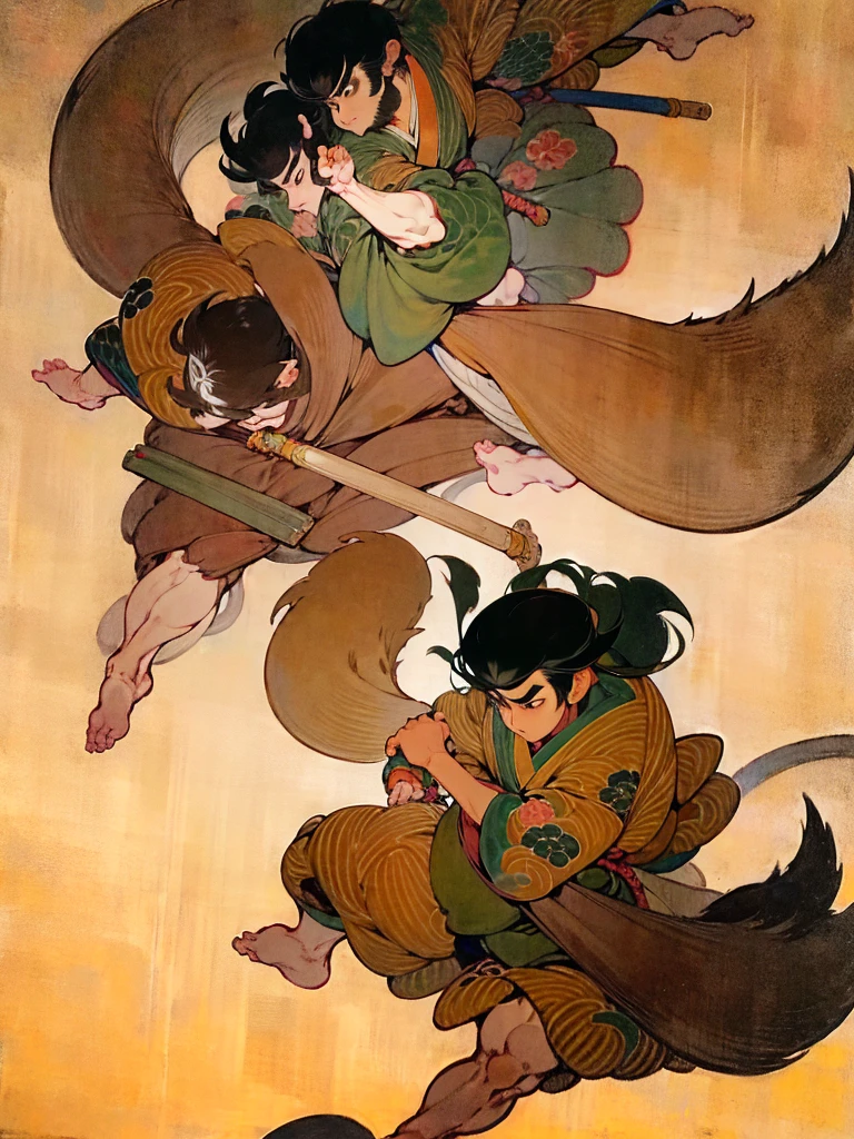 
((masterpiece)), ((High resolution)), ((Very delicate)), Japanese painting, Dynamic pose、Woman fighting rats
