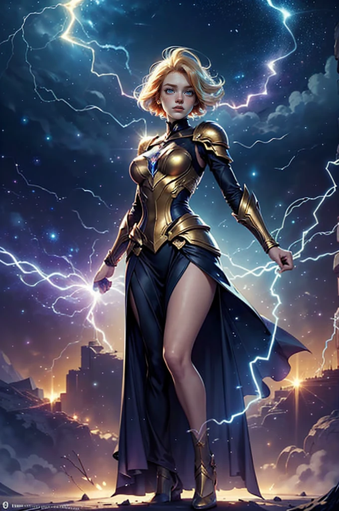 1 beautiful woman "Charlize Theron"，(Caucasian skin)， fire storm, Lightning in the hand, a skirt,glowing light eyes，light in eyes,Magic Circle, Exaggerated energy, lightning, fantasy concept art, Surrealist, by Walter Crane, (best quality, masterpiece, Representative work, official art, Professional, Ultra intricate detailed, 8k:1.3),Amidst the vast expanse of the cosmos, a captivating sight emerged. Behold, the enchanting image of a Yellow-haired Alien Princess, her radiant mane cascading down like sunrays, as she stood in the heart of an ethereal meadow. Her ethereal gown shimmered with hues of gold and amber, gracefully billowing in the gentle galactic breeze, revealing her lithe form. In her hand, she cradled a scepter, its tip crackling with the raw power of electricity. As her violet eyes flashed, displaying the intensity of her lightning abilities, her visage radiated strength, Amidst the twinkling stars of an unknown galaxy, an armored alien princess with short yellow hair and electrifying powers stood on the edge of a crater. Her armor shimmered under the celestial light, reflecting a spectrum of colors that filled the nightsky with an ethereal glow. Her eyes flashed menacingly as bolts of lightning danced around her fingers. She clenched her fists, readying herself for battle. Her posture was regal, her expression determined. The crackling electricity in the air seemed to respond to her every command. A sense of awe-inspiring power emanated from her every move. Her hair danced wildly around her. Laughing maniacally at the viewer as she attacks.,Lux from the game League of legends as a super powerful
