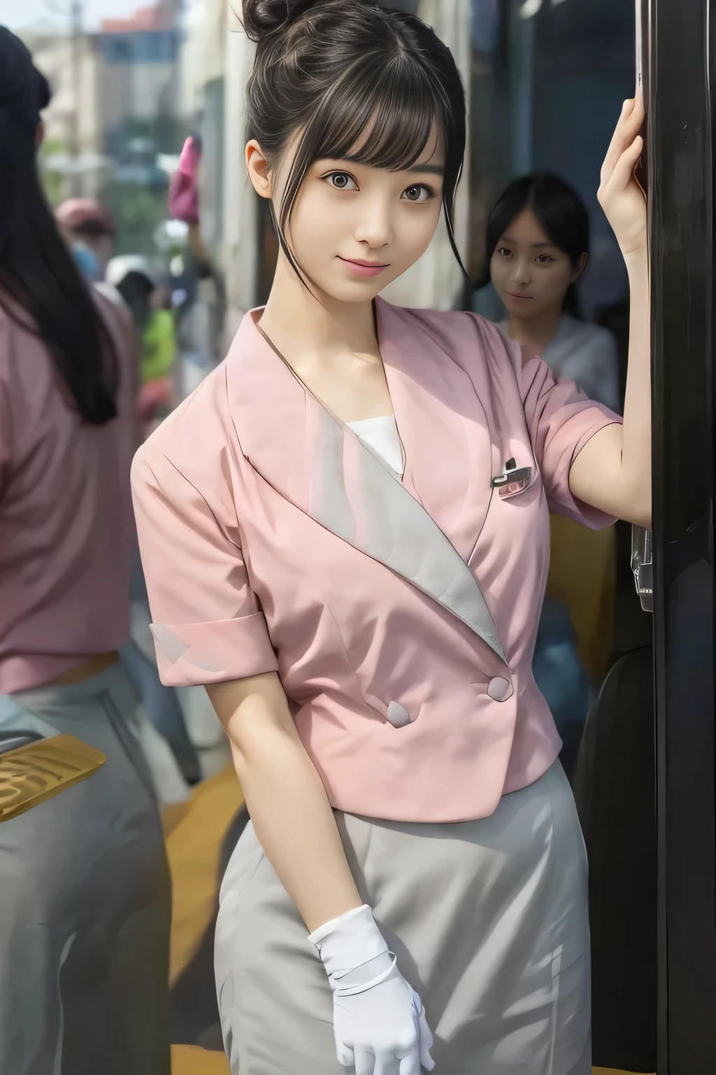 (masterpiece:1.2, Highest quality:1.2), 32k HDR, High resolution, (alone、1 girl)、（On the roof of a building in the daytime、Professional Lighting）、Building rooftop background、（Nankai train crew uniform pinkを着たリアルスタイル）、（Nankai Railway crew uniform, pink, short sleeve, collarless, pink jacket、Nankai Railway crew uniform pink no-collar short-sleeve blouse、Nankai Railway crew uniform pink grey knee-length culottes）、（（The bottom of the pink short-sleeved jacket cannot be tucked into the clay-colored culottes..））、Dark brown hair、（Hair tied up、Hair Bun、Hair Bun）、Dark brown hair、Long Shot、Big Breasts、Thin legs、（（Great hands：2.0）），（（Harmonious body proportions：1.5）），（（Normal limbs：2.0）），（（Normal finger：2.0）），（（Delicate eyes：2.0）），（（Normal eyes：2.0））)、smile、（Nankai Railway crew uniform pink grey knee-length culottesを見せた美しい立ち姿）、