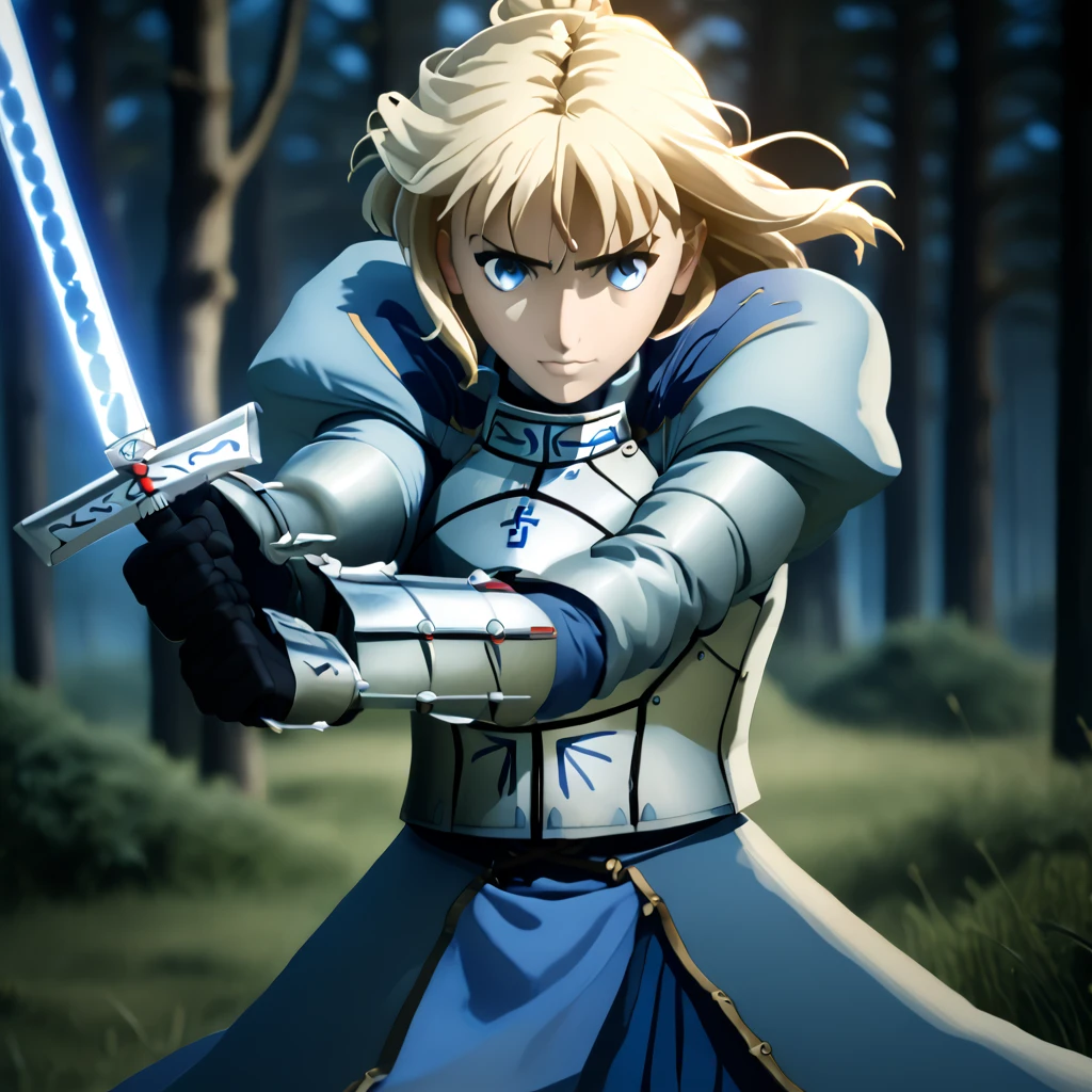 Create a highly detailed, lifelike depiction of Saber from Fate/stay night. She stands heroically in a medieval battleground at sunset, wearing her iconic silver armor with blue and white accents. Her flowing golden blonde hair is tied in a high bun with loose strands framing her face. Her intense blue eyes focus on the horizon as she grips Excalibur, the legendary sword, which glows faintly with magical energy. The armor gleams with subtle reflections from the setting sun, and her deep blue regal dress beneath the armor flows slightly in the breeze. The scene captures both her strength and noble aura, with realistic textures on her armor, fabric, and sword.