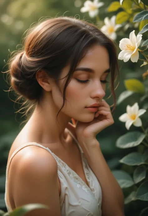 the model in a serene and peaceful pose, in a calming and tranquil setting. shandy