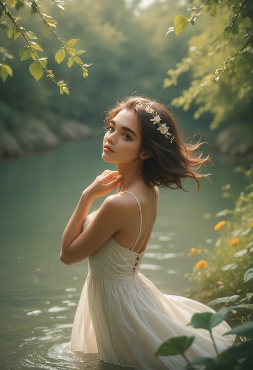 The model in a serene and peaceful pose, in a calming and tranquil setting. Shandy