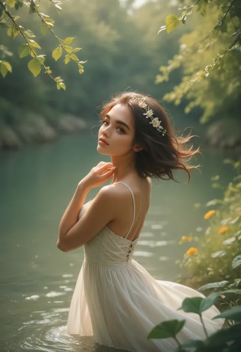 the model in a serene and peaceful pose, in a calming and tranquil setting. shandy