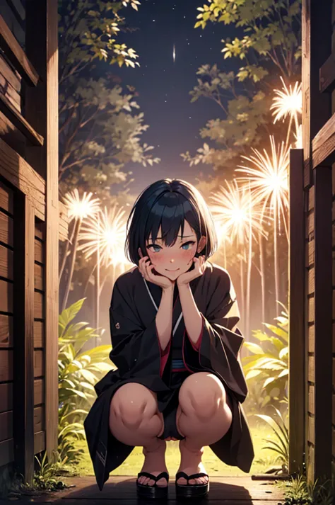 1girl, short-cut hair, (blush:0.5), slender, (pissing:1.5), (steamy pussy:1.4), kimono, night, (in the dark forest:1.1), (firewo...