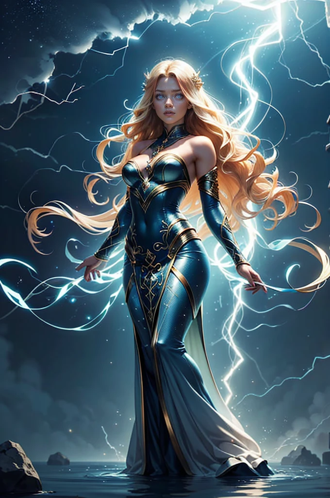 Fulmina, the goddess of thunder who chose to live among mortals, has a remarkable appearance that blends the divinity of her being with the earthly simplicity she has adopted. Seu cabelo ruivo, reminiscent of the dancing flames of an electrical storm, falls in graceful waves up to your shoulders. No entanto, what makes it truly unique is the blonde streak that stands out, as if a ray of sunlight was entwined in your hair, standing out as a sign of your celestial connection. Os olhos de Fulmina, profundos e penetrantes, are the color of stormy blue, reflecting both the serene calm and the relentless fury of a stormy sky. Eles irradiam uma sabedoria ancestral, witnessing the events that occurred over the centuries. His expression, muitas vezes serena e compreensiva, can become intense and brilliant when divine wrath is awakened. Em termos de vestimenta, Fulmina opts for simple and practical clothes, muitas vezes escolhendo tons terrosos que se misturam com o ambiente humano. Um manto leve, adorned with subtle golden lightning patterns, envolve seus ombros, acrescentando um toque de majestade divina a sua figura discreta. Braceletes reluzentes adornam seus pulsos, emitindo um brilho suave que ecoa a luz dos raios distantes. Ao caminhar entre os mortais, Fulmina emanates a magnetic presence, cativando aqueles ao seu redor com uma aura de poder celestial velada pela humildade. Your grace and beauty are realized, but it is the feeling of comfort and security that she brings with her that makes the inhabitants of Mortália feel blessed by the presence of a goddess among them..
