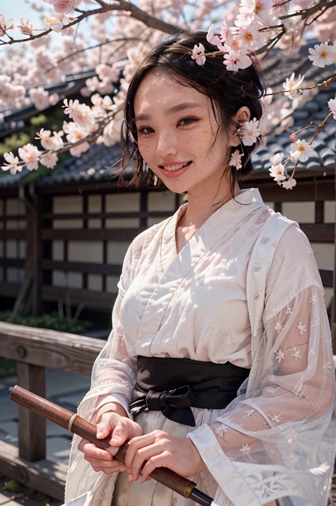 a beautiful japanese college girl with some freckles on her face inspired by hamada hideyaki shot by contax g1 with portra 800 film roll, ()), ,((intricate scenery)),(), ((sun rays)), ((front view:1.4)), smiling, ((big smile))