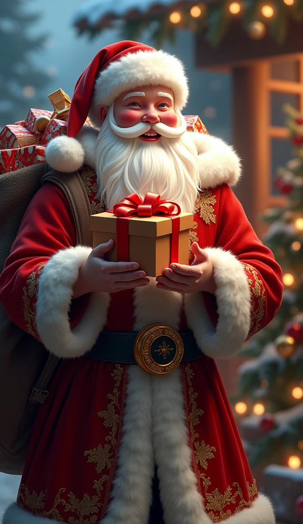 A gorgeously dressed Santa Claus, white beard, kind face, holding a large bag full of presents, one hand opens the door, one hand holds a very beautiful gift to the camera, rich details, prominent character subjects, outline light, Christmas atmosphere background, digital art painting, art station style, 8K,