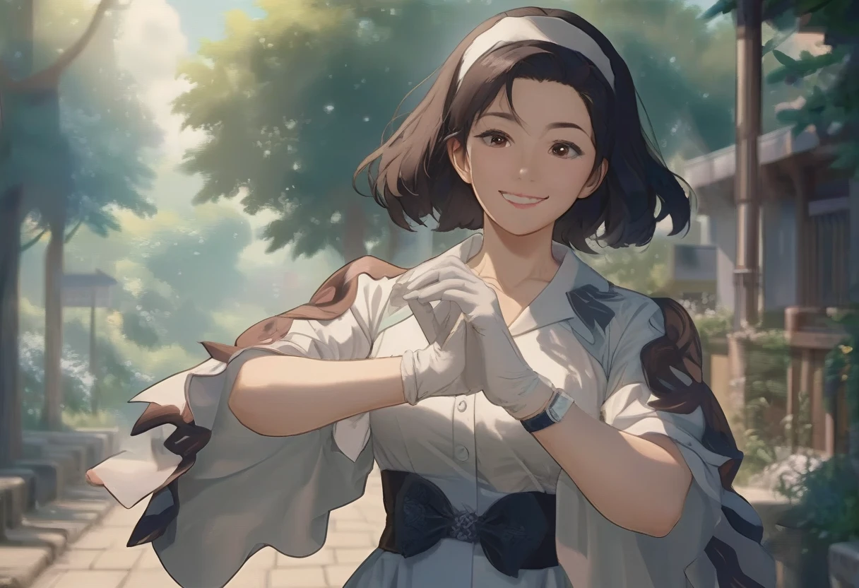 score_9,score_8_up,score_7_up, source_anime, 
junkazamaxl,black hair,medium hair,brown eyes,
hairband,white top,white gloves,
standing,upper body,smile,
outdoors,morning,spring,