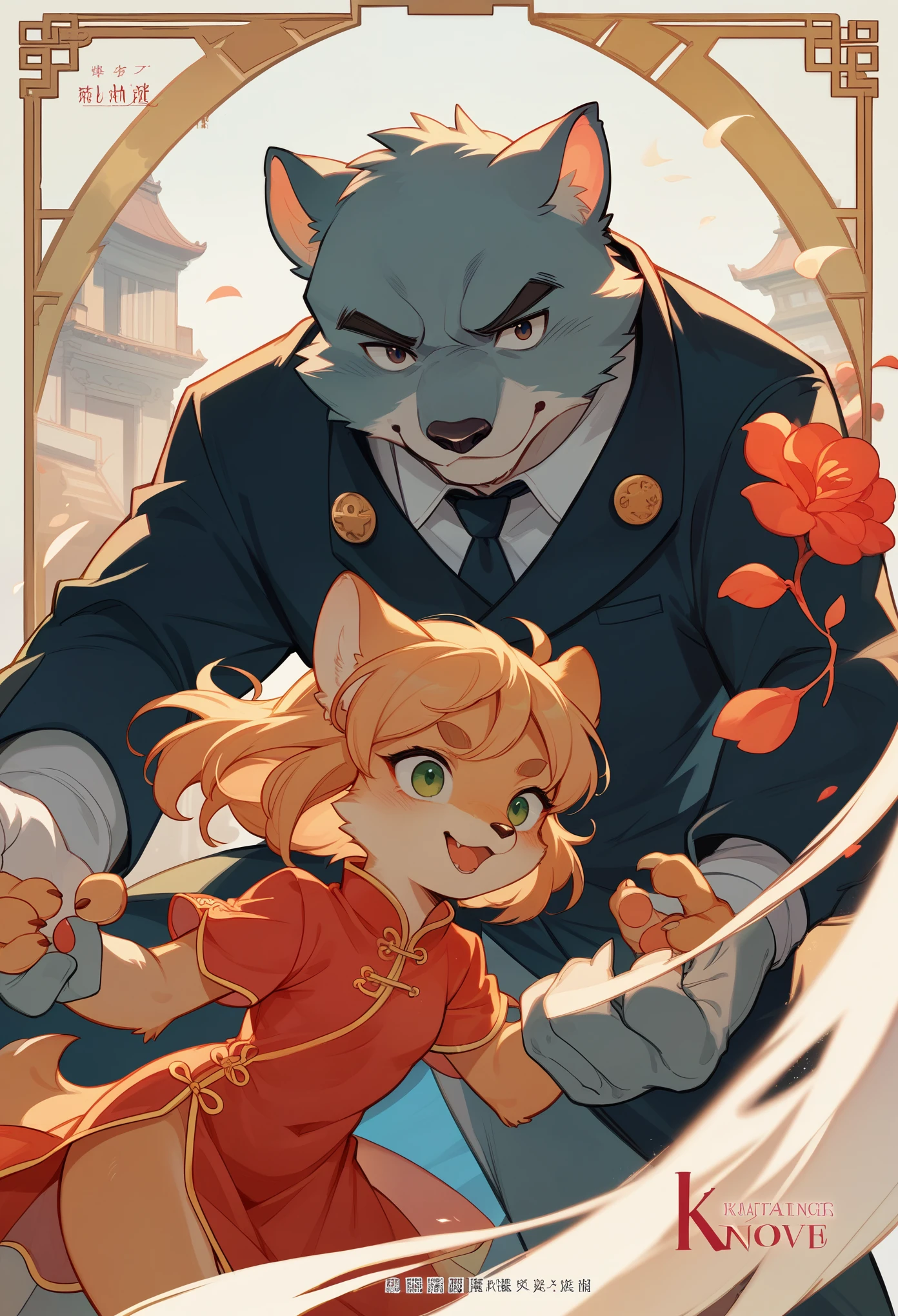 movie poster, movie artwork, concept art of love, romance novel cover, highres, top quality, best quality, perfect artwork, absurdres, perfect anatomy(couple, young 1male detective, 1woman in Chinese dress)(furry, kemono, anthro))with some elements of 007, battle,