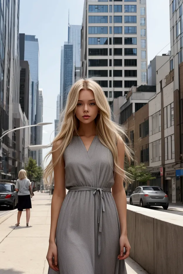 a 2 female model with straight blonde hair, standing in an urban setting. she is wearing a loose, plain gray dress with no textu...