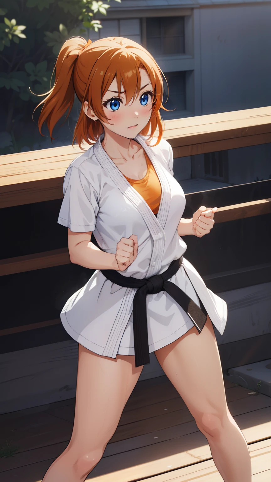 (masterpiece, 最high quality, high quality), whole body,Volumetric lighting, figure, beautiful, Perfect lighting, Perfect Shadow, (Nice views:1.1), Blushing, In-person audience, Are standing,Honoka Kousaka, blue eyes, Orange Hair,Empty-handed,White Karate Custom, Big Breasts, 発Sweat, 、Serious、Desperate、A moment of battle、Sweat、Karate kata、defense、passive、Defend and parry、Thighs、clavicle、Sports Bra、Toned body、