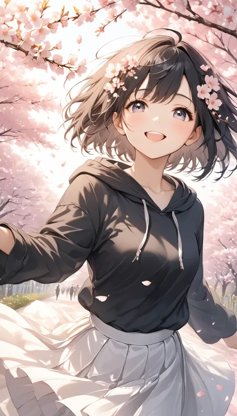 anime, ((Astonishingly Absurd)), (Masterpiece: 1.2), Ultra High Resolution, Attention to Detail, High Quality, High Resolution, Top Quality, 4k, 8K, Short Hair, Black Hair, Black Hoodie, White Skirt, Cherry Blossoms in Full Bloom, Cherry Tree Line, Reaching, Looking Up and Smiling, Cute, The Wind Blows and the Cherry Blossom Petals Dance, Beautiful Work, Colors that Feel Fleeting and Sad