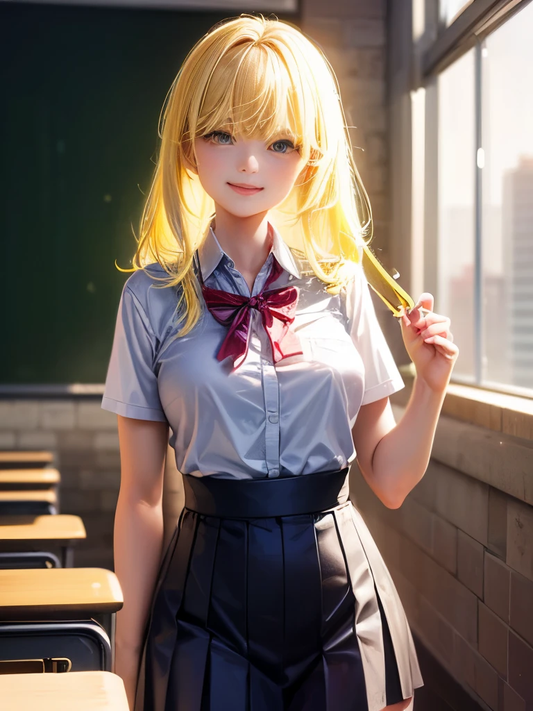 1 female,1,high school girl, ((In the classroom)), ((school uniform)), 8k wallpaper, (Realistic: 1.37, Realistic), 非常に詳細な統合CG 8k wallpaper, One Girl, (((Perfect body: 1.1)), (Ample breasts: 1.2), Looking at the audience,smile, (((Straight from the front)))), (high qualityスキン:1.2, Glowing Skin), 8K Ultra HD, Digitally Remastered, Soft lighting, high quality, Film Grain,, ((whole body:  0.8)), (Professional Lighting:1.4) ,