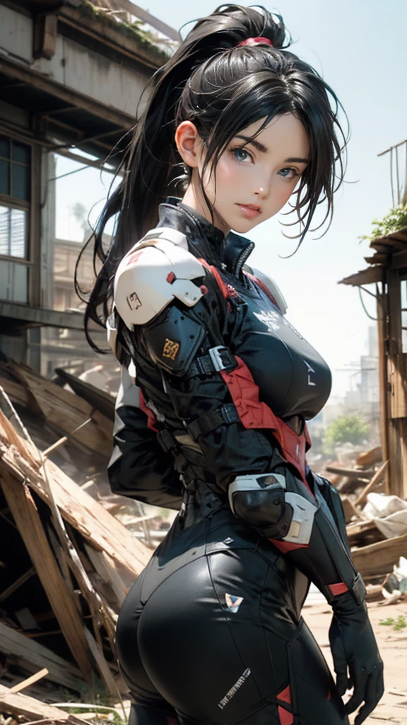 Highest quality、8k、masterpiece、Ultra-high resolution、Photorealistic、Realistic、Telephoto compression effect、1Girl、Dark Eyes、High school girls、no makeup、Delicate eyes、Kind eyes、Double eyelids、smile、side up、Black Hair、Big Breasts、Black protective suit,SteeleBODY Armor,Heavy Armor,long ponytail,battlefield、ruins、Aiming with an anti-material rifle、