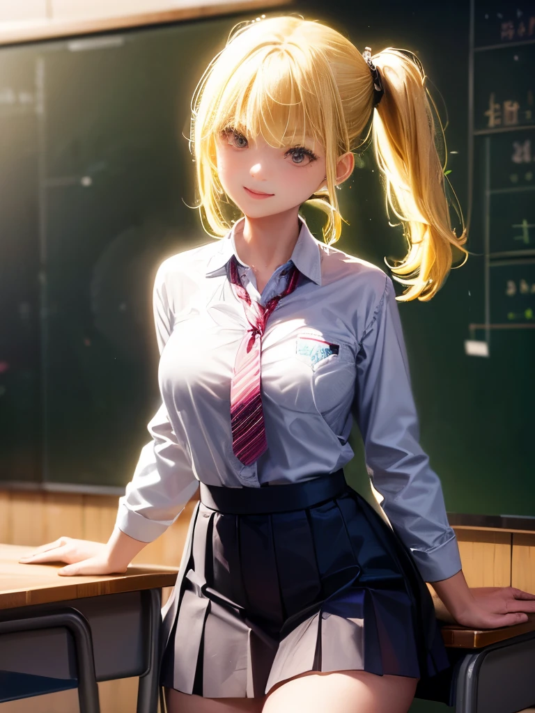 1 female,1,high school girl, ((In the classroom)), ((school uniform)), 8k wallpaper, (Realistic: 1.37, Realistic), 非常に詳細な統合CG 8k wallpaper, One Girl, (((Perfect body: 1.1)), (Ample breasts: 1.2), Looking at the audience,smile, (((Straight from the front)))), (high qualityスキン:1.2, Glowing Skin), 8K Ultra HD, Digitally Remastered, Soft lighting, high quality, Film Grain,, ((whole body:  0.8)), (Professional Lighting:1.4) ,