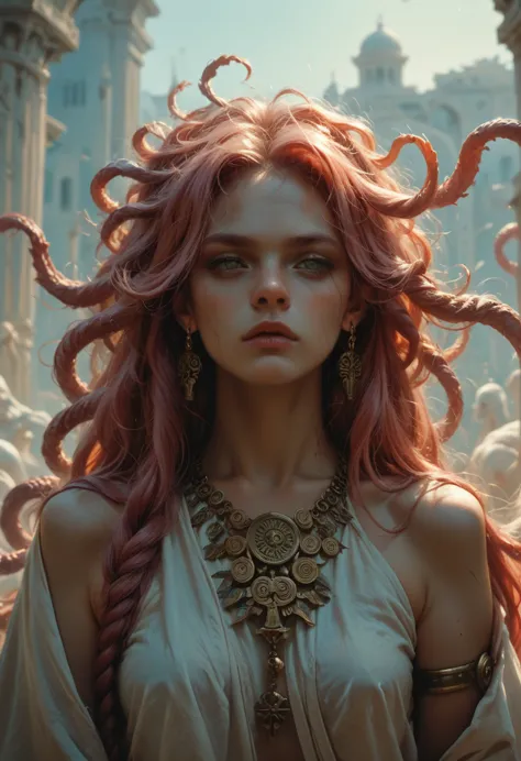 artwork of medusa, greek mythical creature, hair are snacks