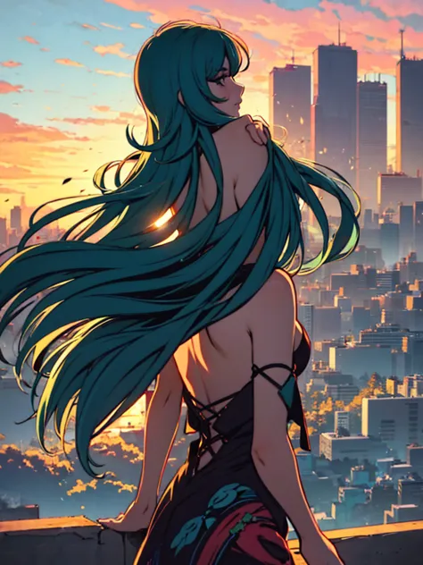 a rear view illustration of a woman (facing the view), long hair , dynamic hair, top of a skyscraper, skyline, sunset, scenic, d...