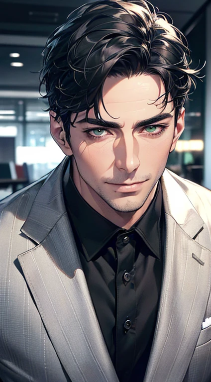 (best quality,4k,8k,highres,masterpiece:1.2),ultra-detailed,(realistic,photorealistic,photo-realistic:1.37),1 man,3,mature man,very handsome,without expression,smile,short grey black hair,green eyes,penetrating gaze,perfect face without errors,imposing posture,businessman,office background,cinematic lighting,hdr image