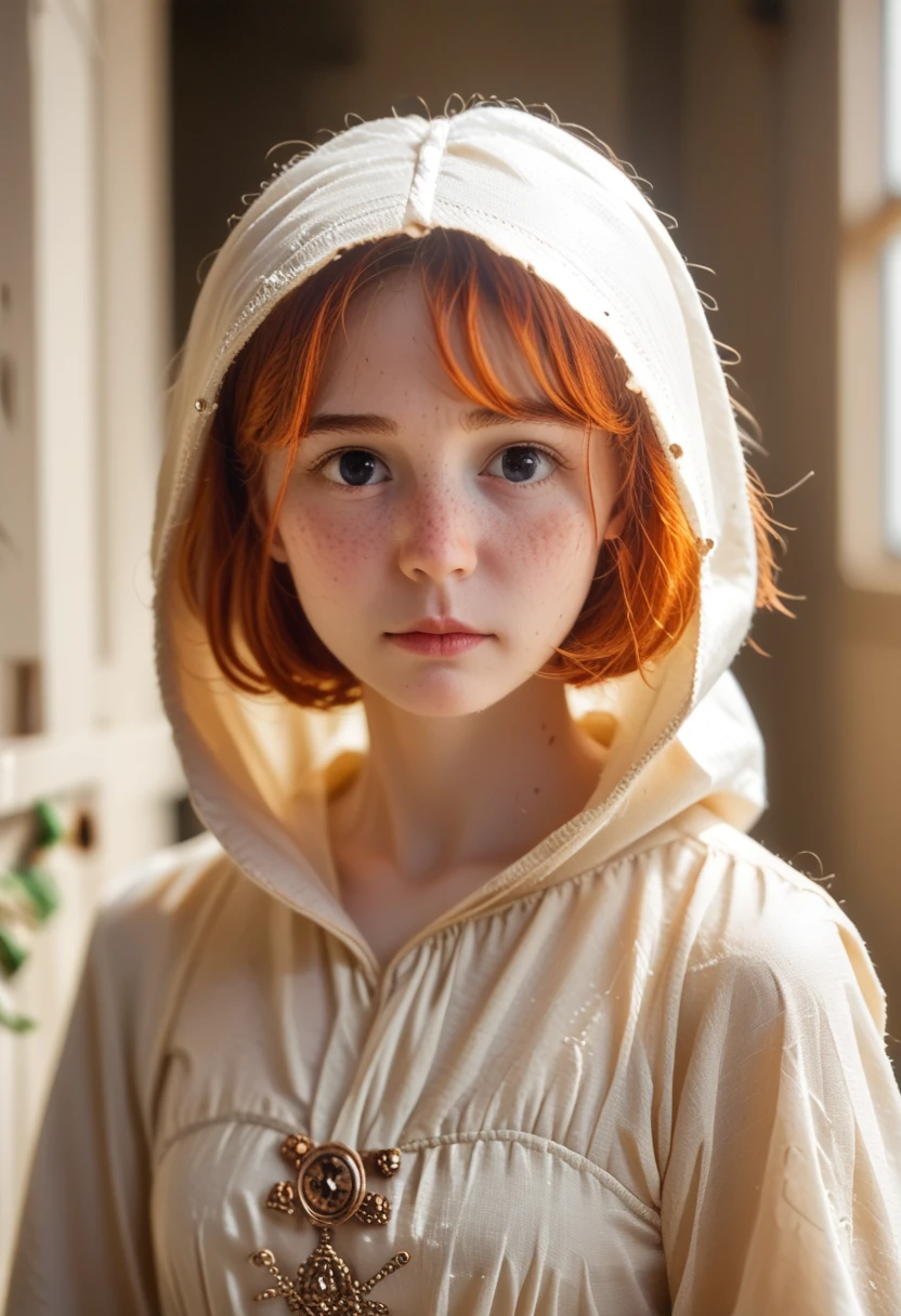 (realistic oil art, waist-length look, 20-year-old princess, British, black eyes, bright view, redhead, short hair), Écio Audiore tunic, with a hood, black, brown, Red Details, decorations, freckles by 10% from the cheekbone, perfect face, Critical Camera, blurred background, warm light, more details in clothes, strong remnants, Mysterious pose