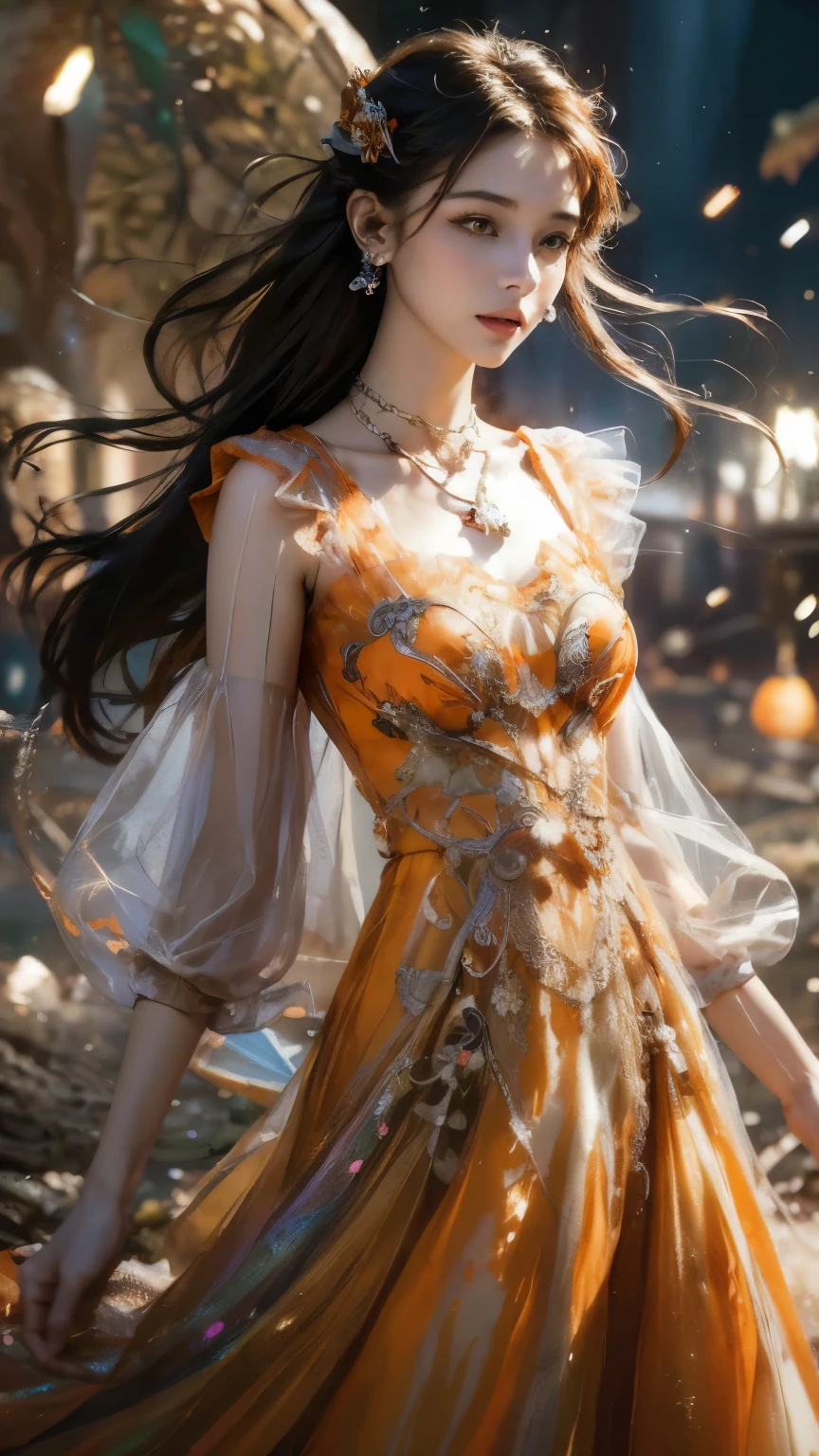 8k, Ultra HD, masterpiece, 1 girl, (nice face:1.4), detailed eyes, very long hair, impressive hairstyle, earring, necklace, , (orange dress:1.5), see through, (fantasy dress:1.5) A foundation with bright colors that makes your skin appear transparent., (In Wonderland:1.5), Mystery, Diwali lights, shining lights, Very decorative, The light falls like water, Perfect front body,