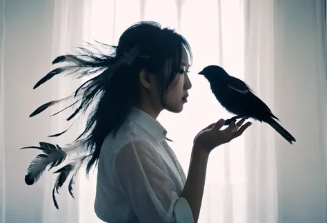 masterpiece, best quality, very aesthetic, absurdres, jun kazama, double exposure, bird on hand, from side, silhouette, floating...