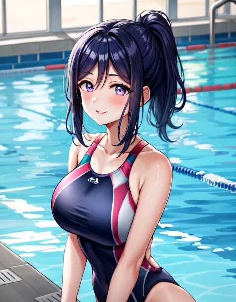 kanan matsuura,blue hair,long hair,ponytail,(purple eyes:1.1),sidelocks,(extremely shiny competition swimsuit:1.2),(gorgeous ind...