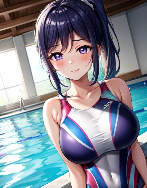 kanan matsuura,blue hair,long hair,ponytail,(purple eyes:1.1),sidelocks,(extremely shiny competition swimsuit:1.2),(gorgeous ind...