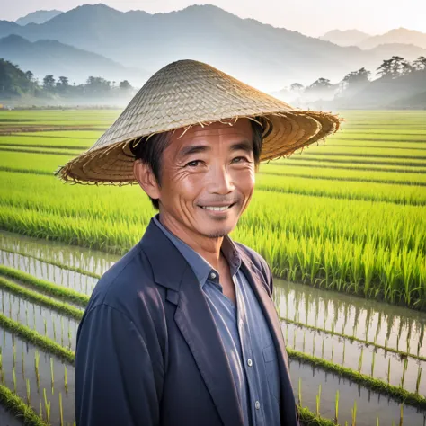 double exposure photo, a japan farmer uncle with a straw hat standing in a rice field, farmer smiling, 40years old, second expos...