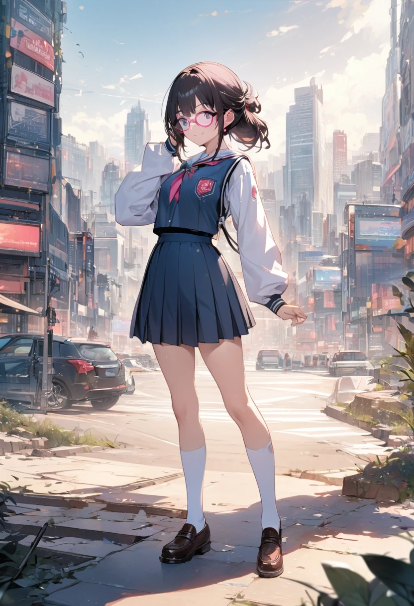 (Top quality illustrations:1.2)、(cute:1.0)、(1 girl:1.0)、(half updo)、(School uniforms:1.0)、Glasses with pink frames,(white thigh-high socks),(Whole Body Ezbian:1.0)、(Ultra-detailed) 、、(The background is the cityscape:1.1)、If you have headphones、full body