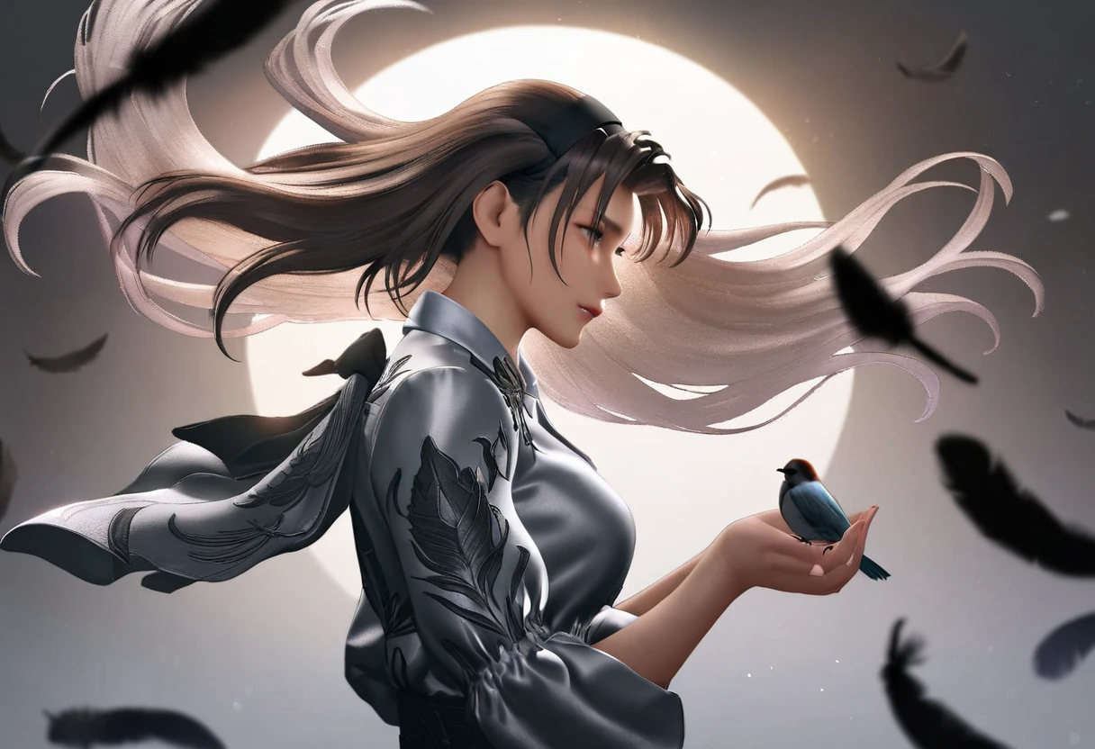 masterpiece, best quality, very aesthetic, absurdres, jun kazama, double exposure, bird on hand, from side, silhouette, floating hair, feathers, sad, long hair,  masterpiece, best quality,