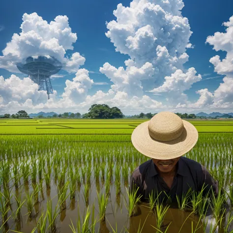 rice field, a japan farmer uncle with a straw hat standing in a rice field, smiling, look at camera, big clouds, blue sky, rice ...