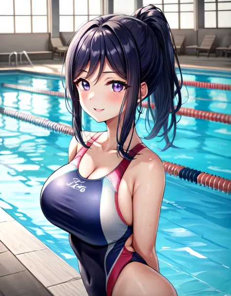 kanan matsuura,blue hair,long hair,ponytail,(purple eyes:1.1),sidelocks,(extremely shiny competition swimsuit:1.2),(gorgeous ind...