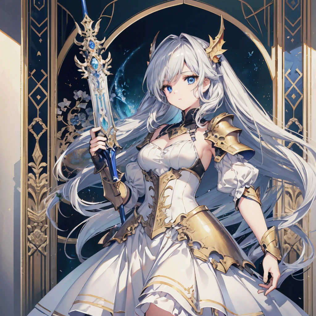 （（（masterpiece）））， （（（Highest qualityを最高に）））），((((masterpiece, Highest quality, Ultra-high resolution)))), One Girl, Combat pose, Holding a sword in both hands, Silver Price, Dragon Knight,Medium-long silver hair, Sky blue eyes, Detailed white victorian dress、Shoulder Armor、Gauntlet, Dragon Horn, Dragon Wing