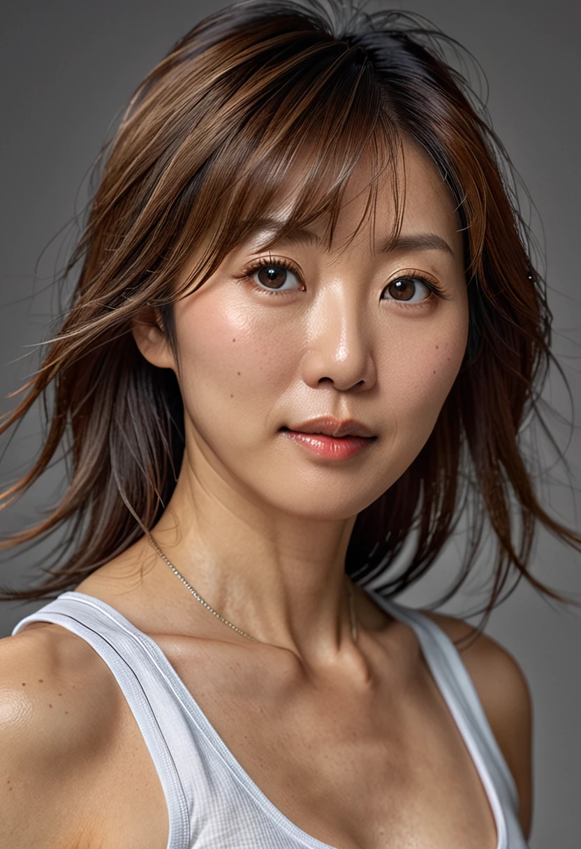 masterpiece, best quality, high resolution, 8k, photorealistic, detailed face and eyes, natural skin, grey background, 
(1 Japanese woman, beautiful mature), 3, portrait, from front, wrinkles:1.2, white tank top, well-shaped medium breasts, cleavage,
light brown long shaggy hair fluttering in wind, full bangs,  