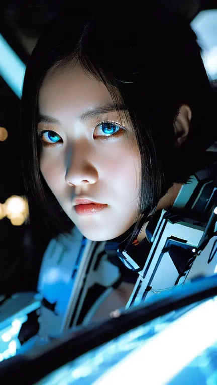 wide-angle shot, 1 female, mecha, glowing blue-black eyes, very cute face, (realistic:1.37), バイオmechaニカル, spaceship interior bok...