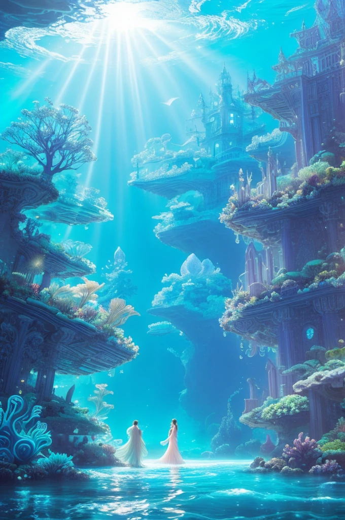 An ancient underwater city bathed in a soft, ethereal glow, surrounded by mythical sea creatures like luminous jellyfish and graceful merfolk. The city’s architecture features towering, coral-covered spires and bioluminescent flora. In the foreground, a group of deep-sea explorers in futuristic suits is amazed as they discover this hidden realm, their faces illuminated by the city’s gentle light. The scene is set in a deep, mysterious ocean with rays of sunlight piercing through the water, creating a magical, otherworldly atmosphere , (Best Quality, A high resolution, photorealistic), cinematic lighting, masterpiece, raw photo, intricate details, HdR

