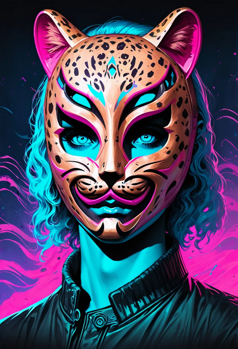 (Hotline Miami character), painting of a man with a snow leopard mask on his face, human with snow leopard mask, character portrait, realistic character concept, digital painting highly detailed, epic digital painting, unrealistic character concept, spotted ultra realistic, a portrait of the character, character concept portrait, (Wave Art Style), (red with yellow sleeves bomber-jacket with cyan shirt underneath), retrowave night portrait, (blacklight)