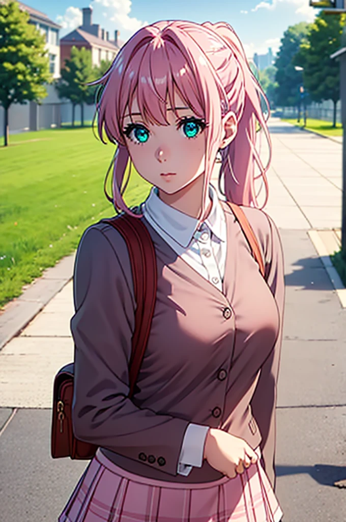 Very Cute girl, massive sized ,half naked ,ultra realistic eyes, school uniform dress,short red skirt, holding a bag,school outside, pink colour hair,bright green eyes, ultra realistic detailed eyes, innocent eyes, looking at camera,long pink wavy hair in a ponytail,