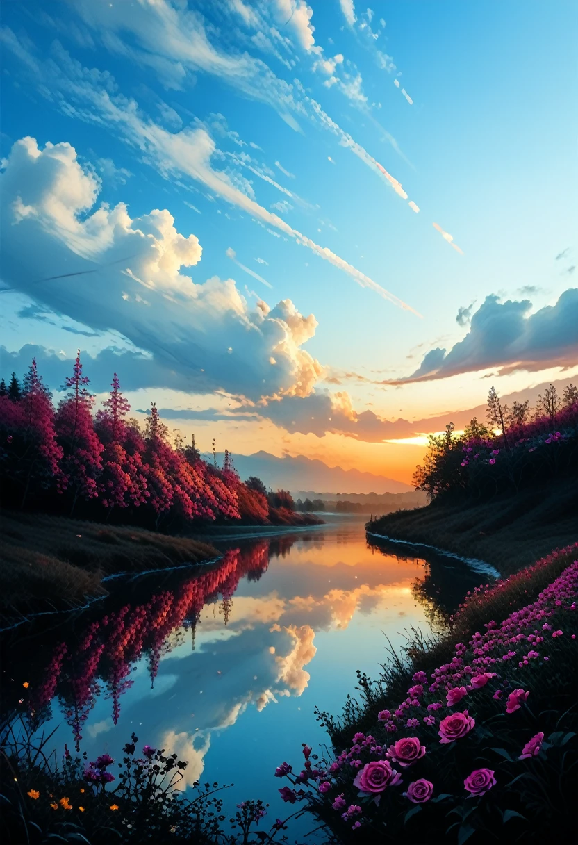 There's a beautiful sunset, The hillside is covered with flowers and plants, flowers are close, Colorful sky, Surreal colors, Colorful sunsets, Colorful sky, wonderful reflection of the sky, Amazing sky, fantastic 8K atmosphere, Multicolored clouds, reflection of color on the lake, Surreal sky, red and blue reflection, Reflection of fire, beautiful sky, Beautiful and breathtaking twilight, Beautiful dream landscape, Amazing sky