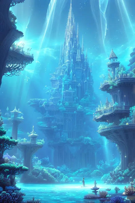 an ancient underwater city bathed in a soft, ethereal glow, surrounded by mythical sea creatures like luminous jellyfish and gra...