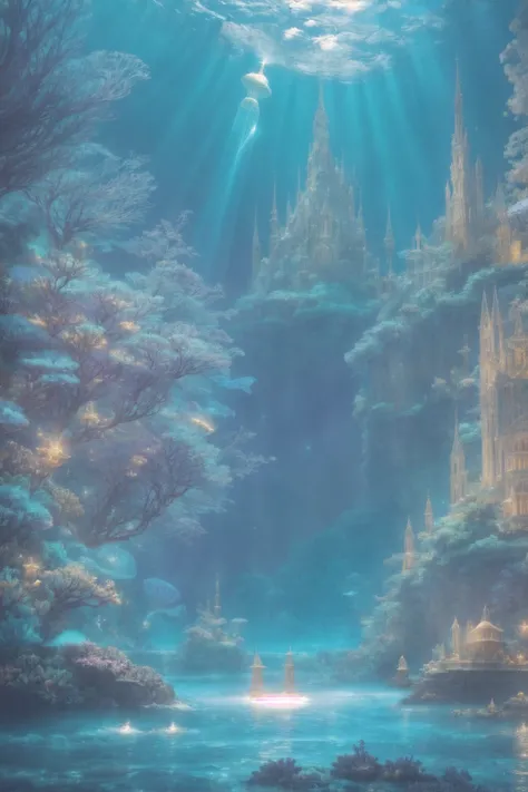 an ancient underwater city bathed in a soft, ethereal glow, surrounded by mythical sea creatures like luminous jellyfish and gra...