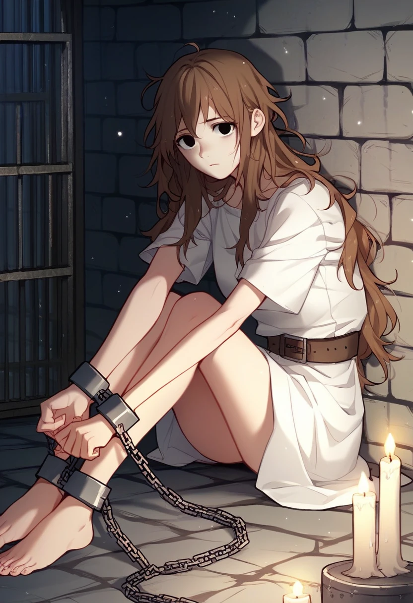 check_9, check_8_up, check_7_up, check_6_up, check_5_up, check_4_up, BREAK источник_anime, manhwa-artstyle, 1 girl, white shirt, solo, looks at the viewer, putting arms, chains, shackles, shackled legs, brown hair, messy hair, black eyes, jail, long hair, dungeon, medieval prison, worth, night, candles, sit, floor, 