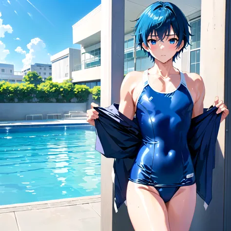 masterpiece、highest quality、high definition、high resolution、1boy、anime boy in a  school swimsuit standing in the pool,、blue hair...