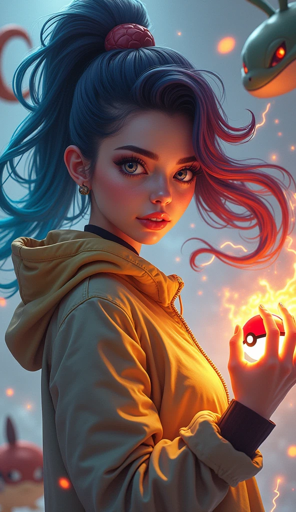 A beautiful,detailed pokemon woman,gamer,holding a pokeball,photorealistic,highly detailed face,beautiful eyes,lush hair,dynamic pose,detailed clothing,focus on hand with pokeball, pokemons in background, studio lighting,vibrant colors,intricate details,masterpiece,8k,hyperrealistic, lightnings, sparkles, 