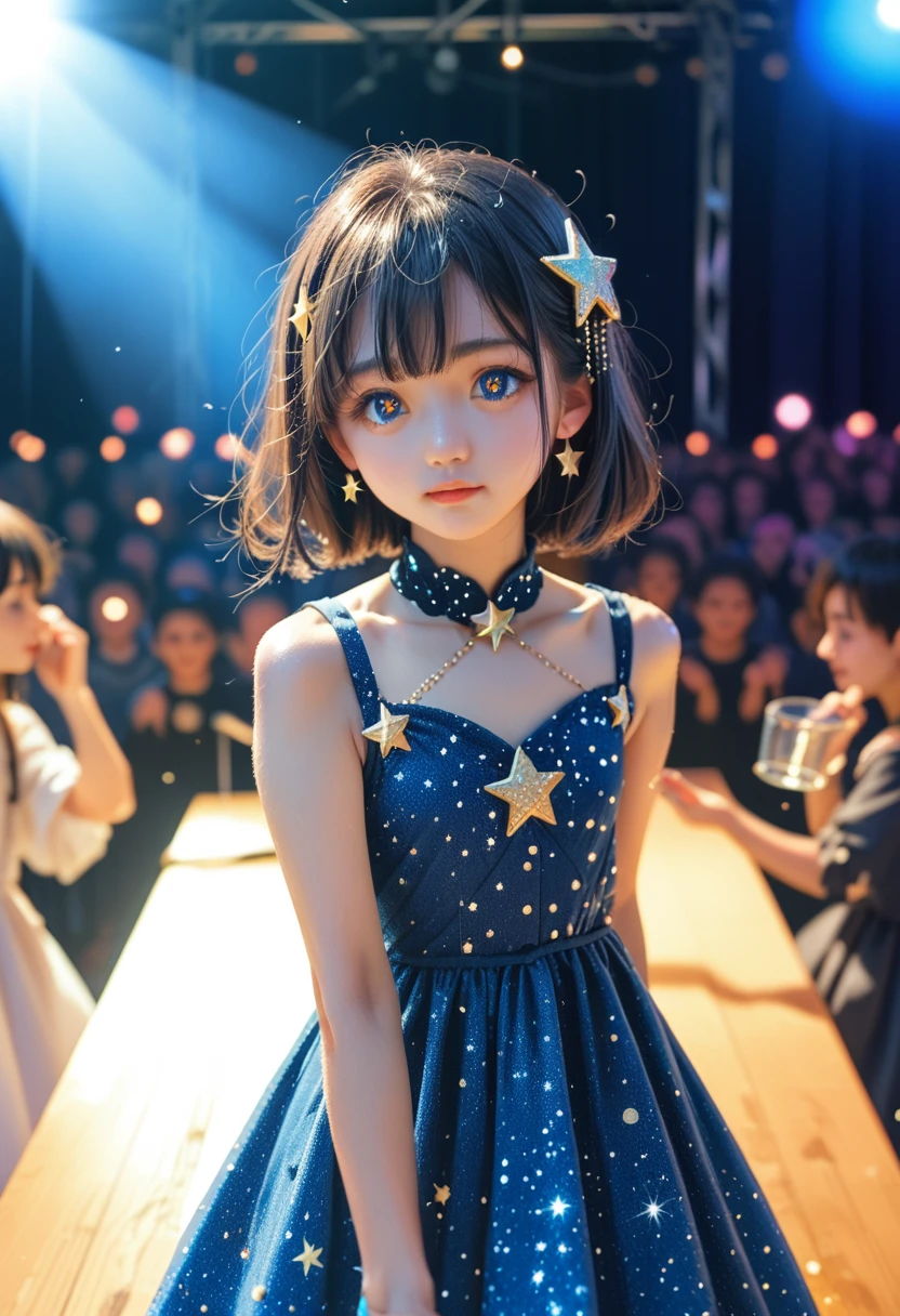 1 girl, One, Best quality, masterpiece , rubi hoshino,  hair ornament, sparkling eyes, star on the eye, (star on the right eye:1), (dress:1.4), (concert 1), On the stage,