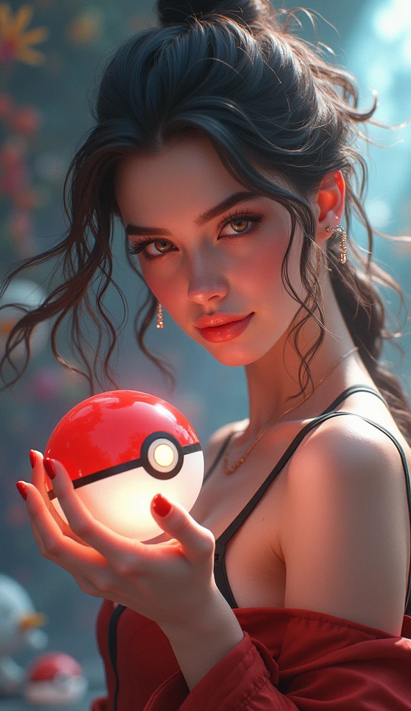 A beautiful,detailed pokemon woman,gamer,holding a pokeball,photorealistic,highly detailed face,beautiful eyes,lush hair,dynamic pose,detailed clothing,focus on hand with pokeball, pokemons in background, studio lighting,vibrant colors,intricate details,masterpiece,8k,hyperrealistic, lightnings, sparkles, 