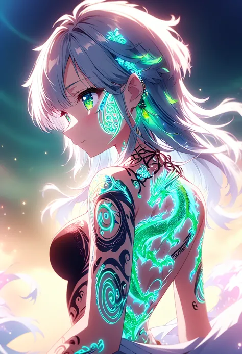 anime screenshots、artistic anime illustration of a girl adorned with thick, glowing neon dragon tattoos on her body and face。the...